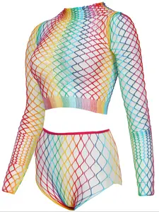 Women's Rainbow Color Fishnet Cover Up Set, Casual Hollow Out Long Sleeve Cover Up without Bikini Set, Ladies Beach Holiday Vacation Clothes Swimsuit Cover Ups