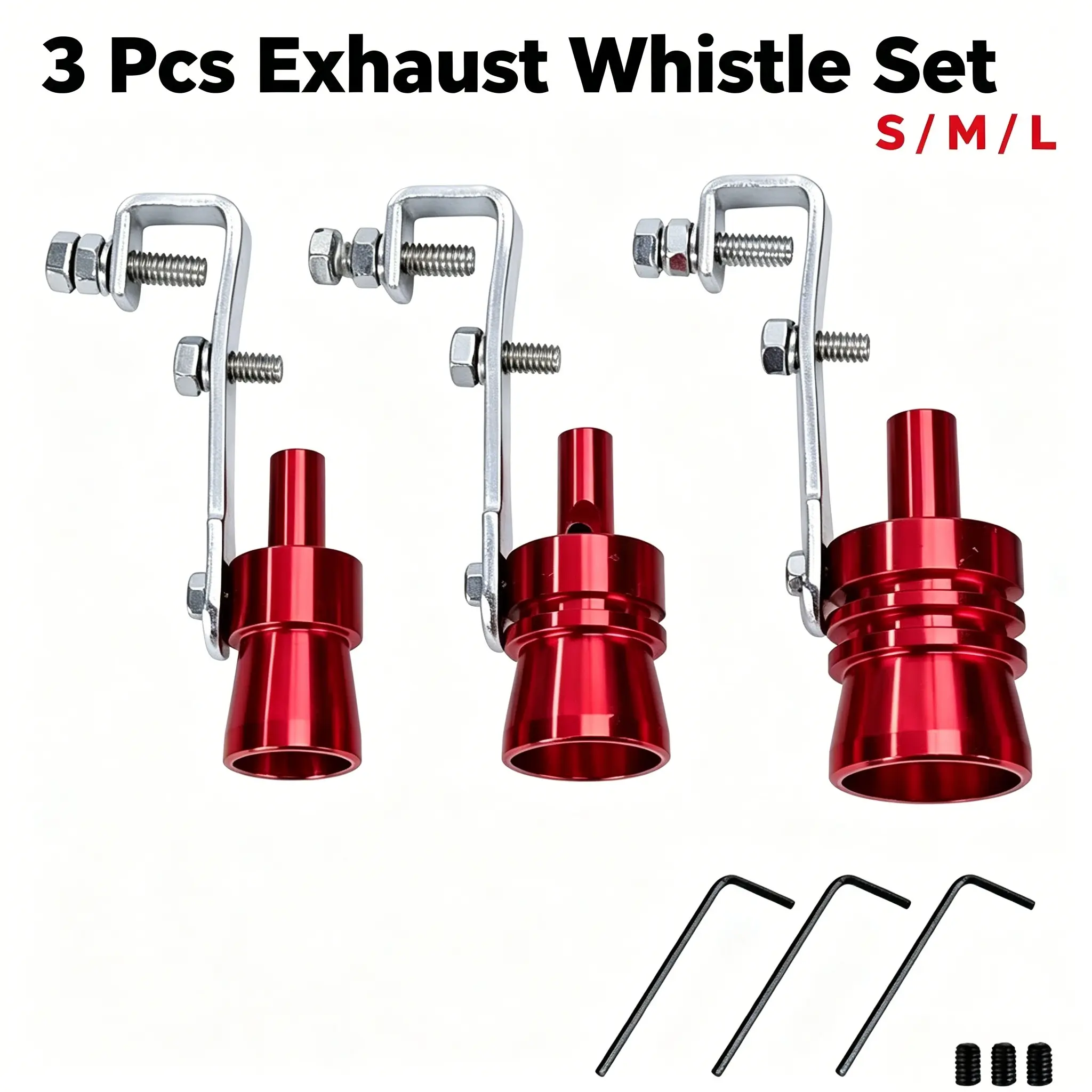 3PCS Universal Exhaust Whistle Set - Black, Red Turbo Sound Tailpipe Tips (S/M/L) with Adjustable Mount Brackets, Automotive Exhaust Noise Booster Accessory for Cars, Trucks motorcycle, Aluminum Alloy, Turboexhaustwhistle, Car Accessories