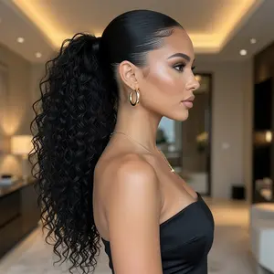 Kinky Curly Drawstring Ponytail Extension 24 Inch Natural Black Synthetic Wrap Around Hairpiece Clip In Heat Resistant