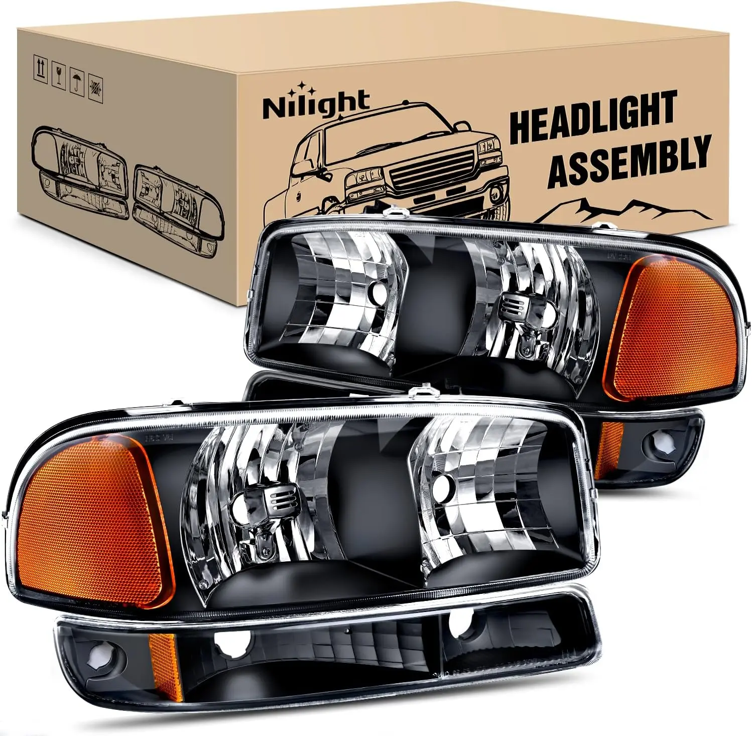 Nilight Headlight Assembly Compatible for 1999 2000 2001 2002 2003 2004 2005 2006 GMC Sierra Yukon, Black Housing Amber Corner Clear Lens, Headlights Assembly Replacement