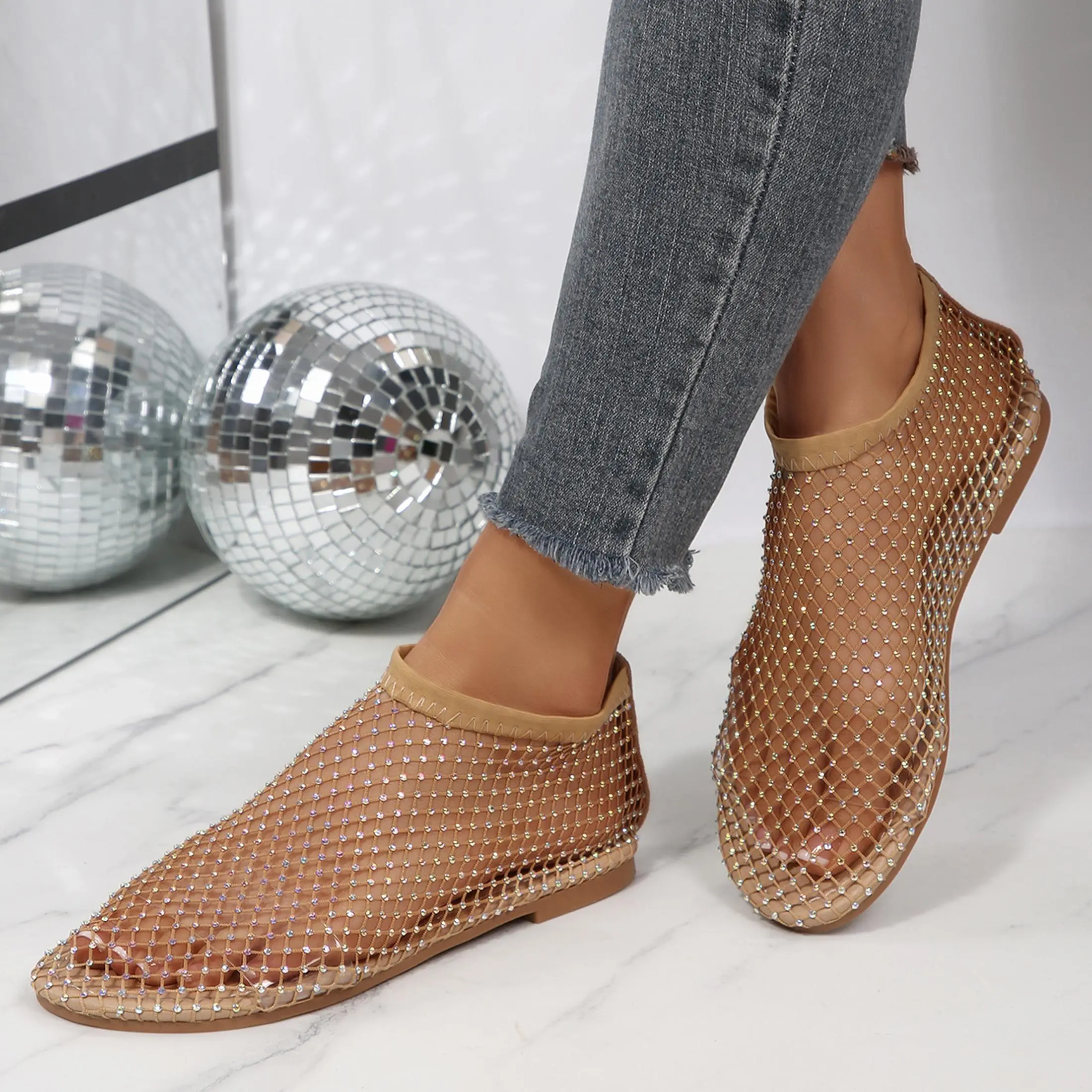 Comfortable Mesh Flats for Women Fishnet Sandals Low Heel Slip on Rhinestone Shoes for Summer Casual Party Summer Vibes