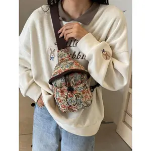 Women's Random Floral Patern Fanny Pack, Fashionable Drawstring Design Sling Bag for Daily Used, Casual Trendy Versatile High-quality Daily Commuting Bag