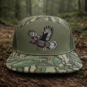 Embroidered Flying Turkey Hunting Trucker Hat, Bottomland Camo 7 Panel Snapback Cap, Outdoor Hunting Gift for Hunters