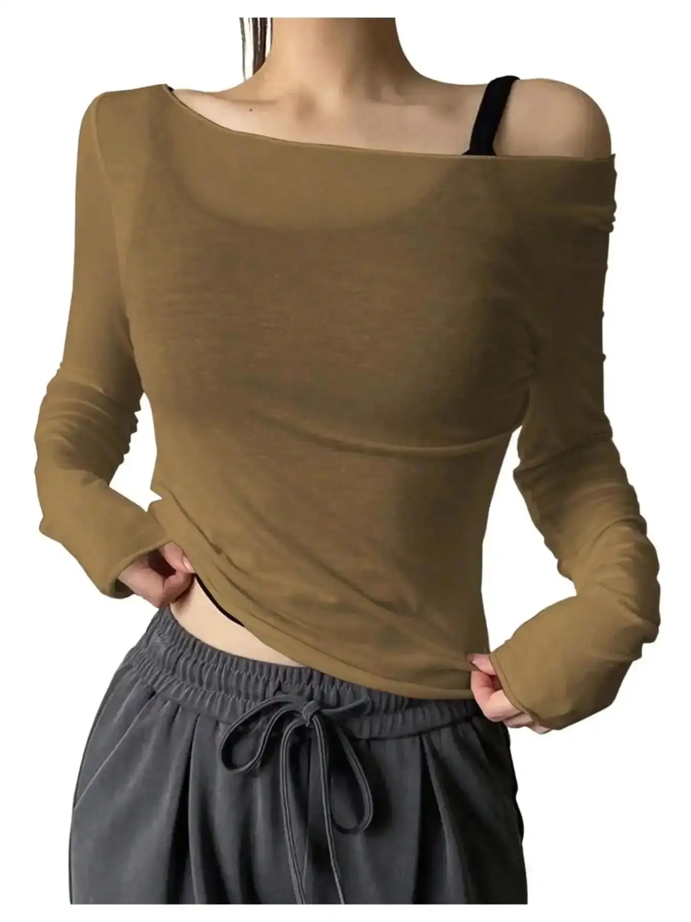 Women's Sheer Mesh Boat Neck Long Sleeve Top, Y2K Aesthetic Streetwear, Lightweight See Through Layering Tee, Slim Fit Stretchy for Summer Going Out, Daily Lounge, Fitness & Date Night, 2026 Trendy Casual Clubwear Basic