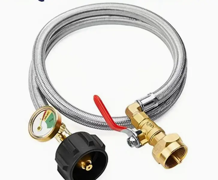 Propane Refill Adapter Hose |   3ft Stainless Steel with Pressure Gauge & Shut-Off Valve |   Safe Fill for 1lb & 20lb Tanks |   Camping, Grill & Outdoor Use Lpg Hose