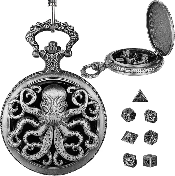 DND Dice Set with Vintage Cthulhu Pocket Watch Case, Metal, Tiny | Solid Zinc Alloy Dice, Polyhedral 7-Piece Set, Tabletop Role Playing Games & Math Games Dice, Unique DND Gift for Men/Women