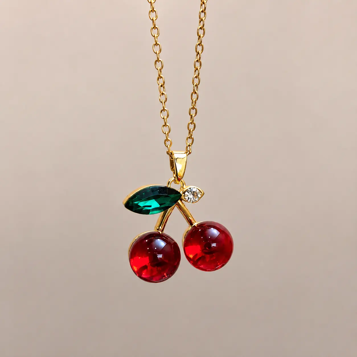 Cherry Pendant Necklace Gold Tone Red Cherry Crystal Necklace for Women, Cute Fruit Jewelry Gift for Girlfriend, Wife, Daughter, Birthday, Valentine’s Day