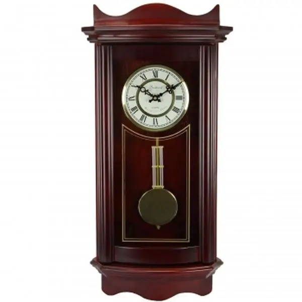 212 MAIN Bedford BED1247CHR Traditional Antique Wooden Battery-Powered Hanging Wall Clock, 25 in., Weathered Cherry-Oak Wood, with Pendulum, Home Decor, Battery-Operated Wall Clocks, Retro-Inspired Wall Clocks