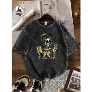 Unisex "Skeleton Babe" Vintage Edgy T-Shirt Retro Skull Girl With Drink & Peace Sign Design Oversized Mineral Wash Soft Cotton Short Sleeve Crew Neck Top Grunge Streetwear Tee