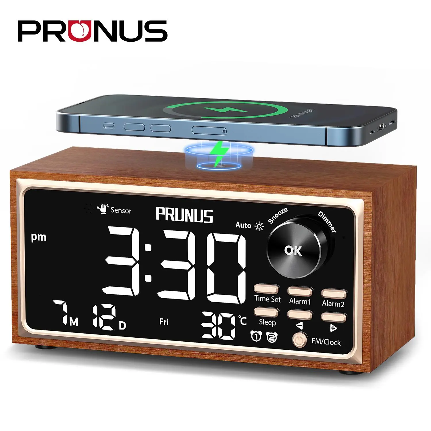 PRUNUS J-177 Retro Vintage Alarm Clock Radio with Fast Wireless Charging | Dual Alarms, Snooze, Large LED Display,Dimmer Control,Auto-Dimming,Retro Clock for Bedroom