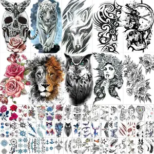 82 Sheets Large-Size Black Temporary Tattoos Stickers for Women and Men, Includes 10 Large Fake Tattoos, Halloween Temporary Tattoos Include Wolf Lion Tiger Skull Tattoos sticker tattoo sleeve