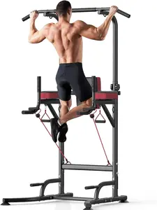 Power Tower Dip Station Pull Up Bar | Adjustable Height Multi-Function Home Gym Equipment for Strength Training, Push Ups, Dips & Abs Workout