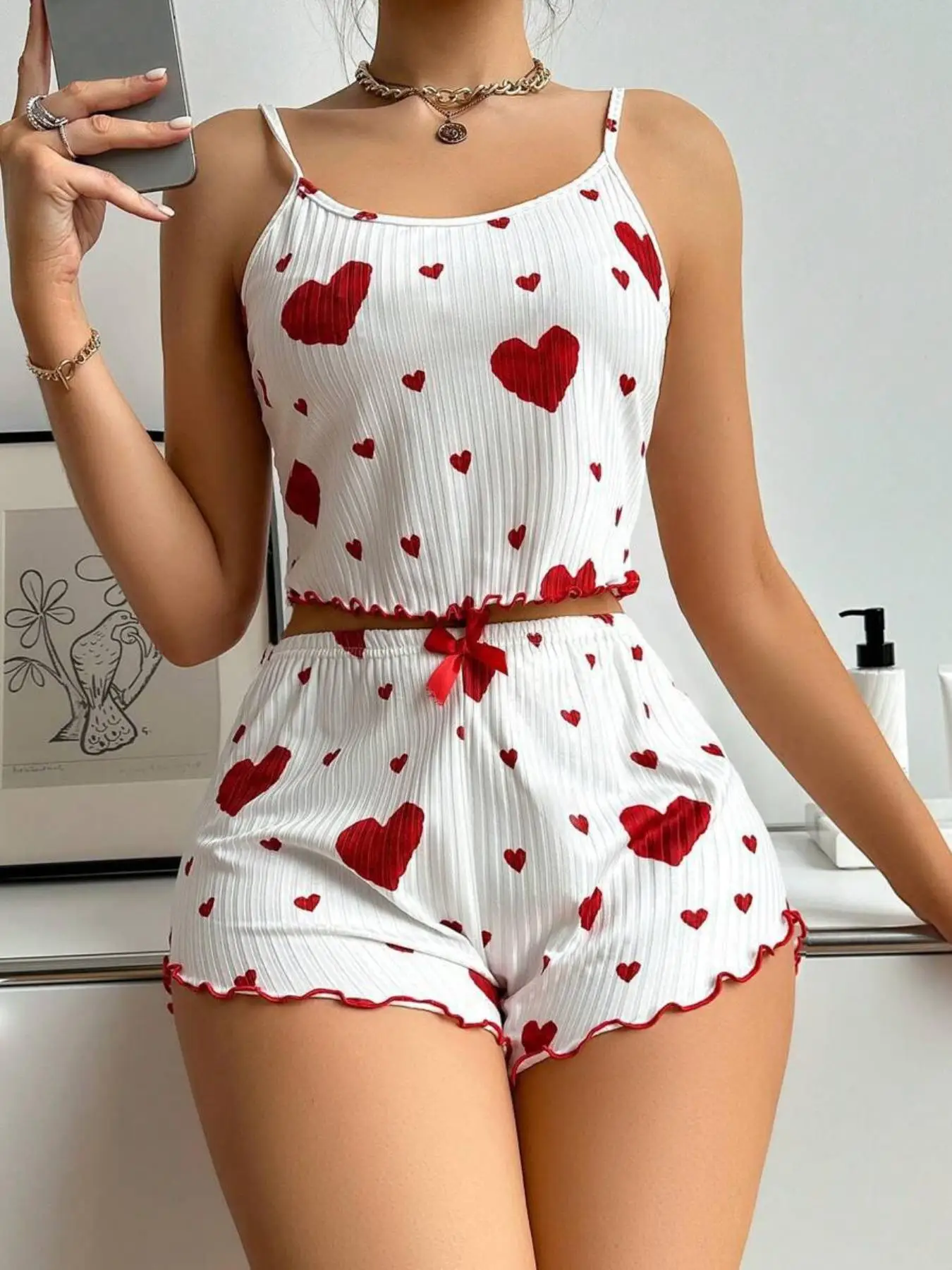 Two-piece Set Women's Heart Print Cami Top & Lettuce Trim Shorts Pyjama, Casual Comfy Adjustable Spaghetti Strap Camisole & Shorts Pj Set, Ladies Summ