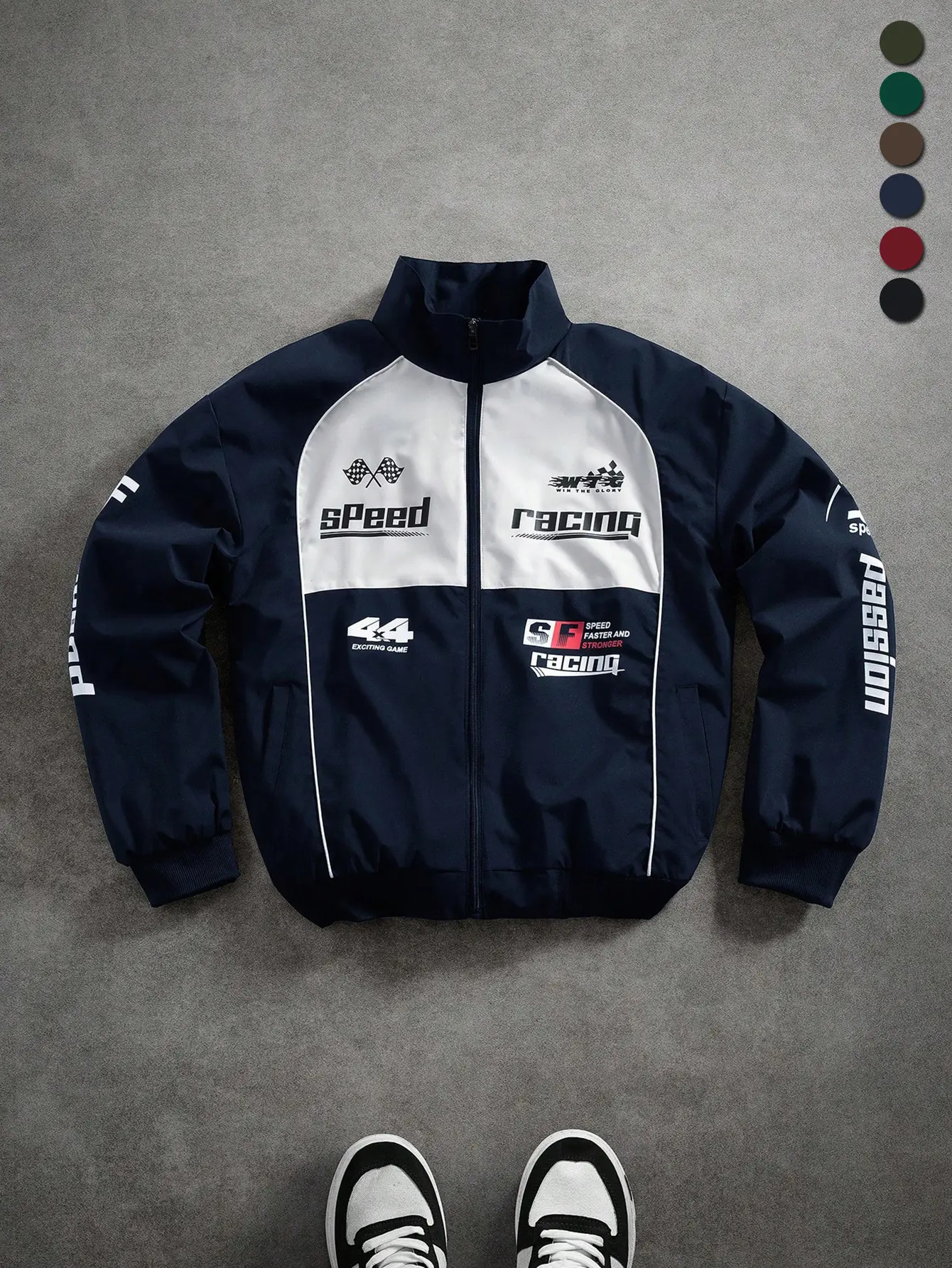 Men’s spring/autumn American retro motorcycle racing windbreaker jacket with trendy color-block letter print, loose fit, street style, fashionable casual design, windproof outerwear