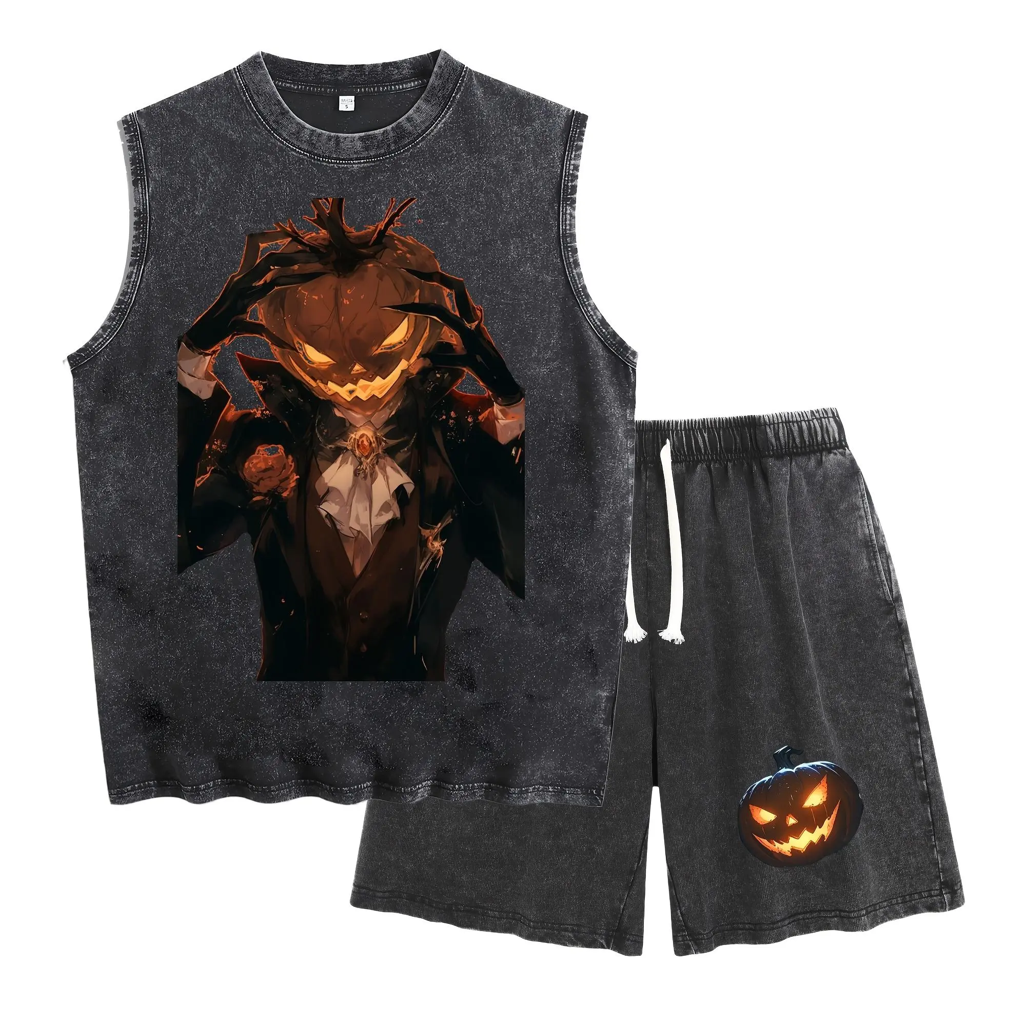 Retro Washed Sleeveless Tank Top & Drawstring Shorts Set Men Elegant Pumpkin Head Gentleman Suit Graphic Gothic Halloween Matching Outfit Soft Loose Vintage Wash Casual Tracksuit Horror Fall Street Clothes