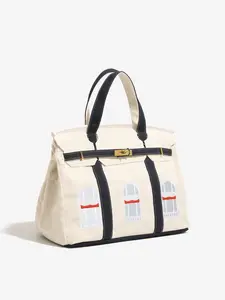 Tiktok Trending Aesthetic Canvas Tote, Spacious Window Embroidery Bag, Lightweight Top-Handle Bag, Fashionable Contrast Trim for Daily Use