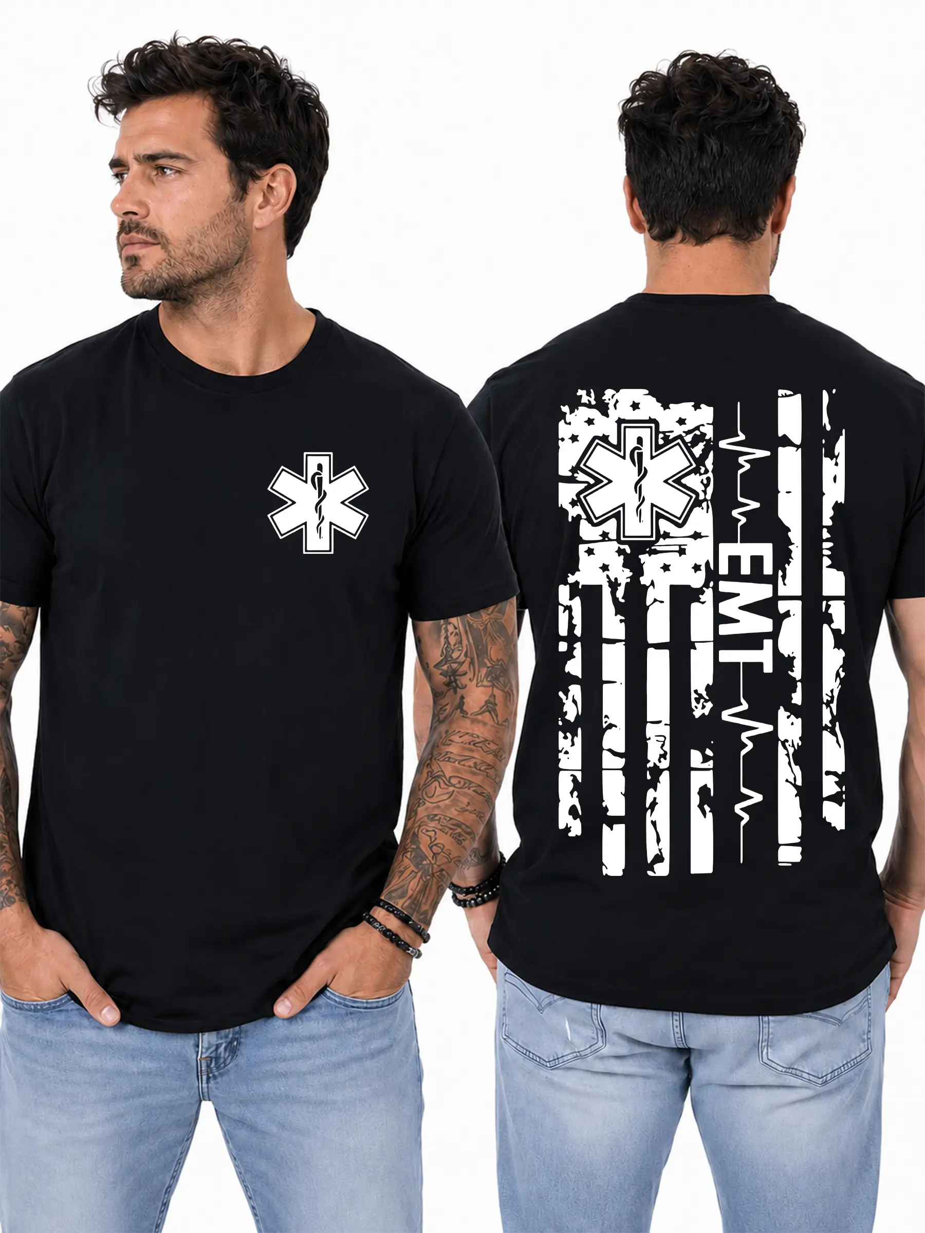 EMT American Flag T-Shirt, Distressed Black & White Flag with Star of Life and EKG Line Graphic, LowTrendz EMS Pride Graphic Shirt for Emergency Medical Technicians & First Responders, Gift for Rescue Teams or Paramedics Design