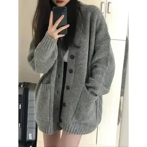 Women's Solid Color Button Front Sweater Cardigan, Casual Long Sleeve Cardigan for Fall & Winter, Women's Knitwear for Daily Wear