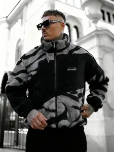 Abstract Pattern Fleece Zip - Up Jacket, Cozy Streetwear Outfit, Trendy TikTok Must - Have, Coats