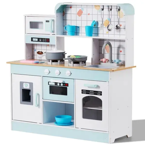 Play Kitchen for Kids, Wooden Toy Kitchen Set with Lights and Sounds, Toddler Kitchen with Ice Maker, Oven, Sink, Microwaves, Fridge and Utensil and Fruit Accessory for Toddlers ages 3-8, White