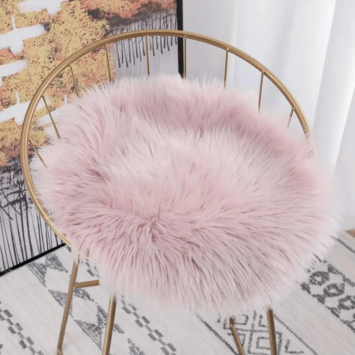 Soft fluffy seat cushion, modern pink plush round chair blanket photo decorative chair cushion, chair plush cushion children's bedroom imitation wool bedside blanket, Supportive Bolster Cushion