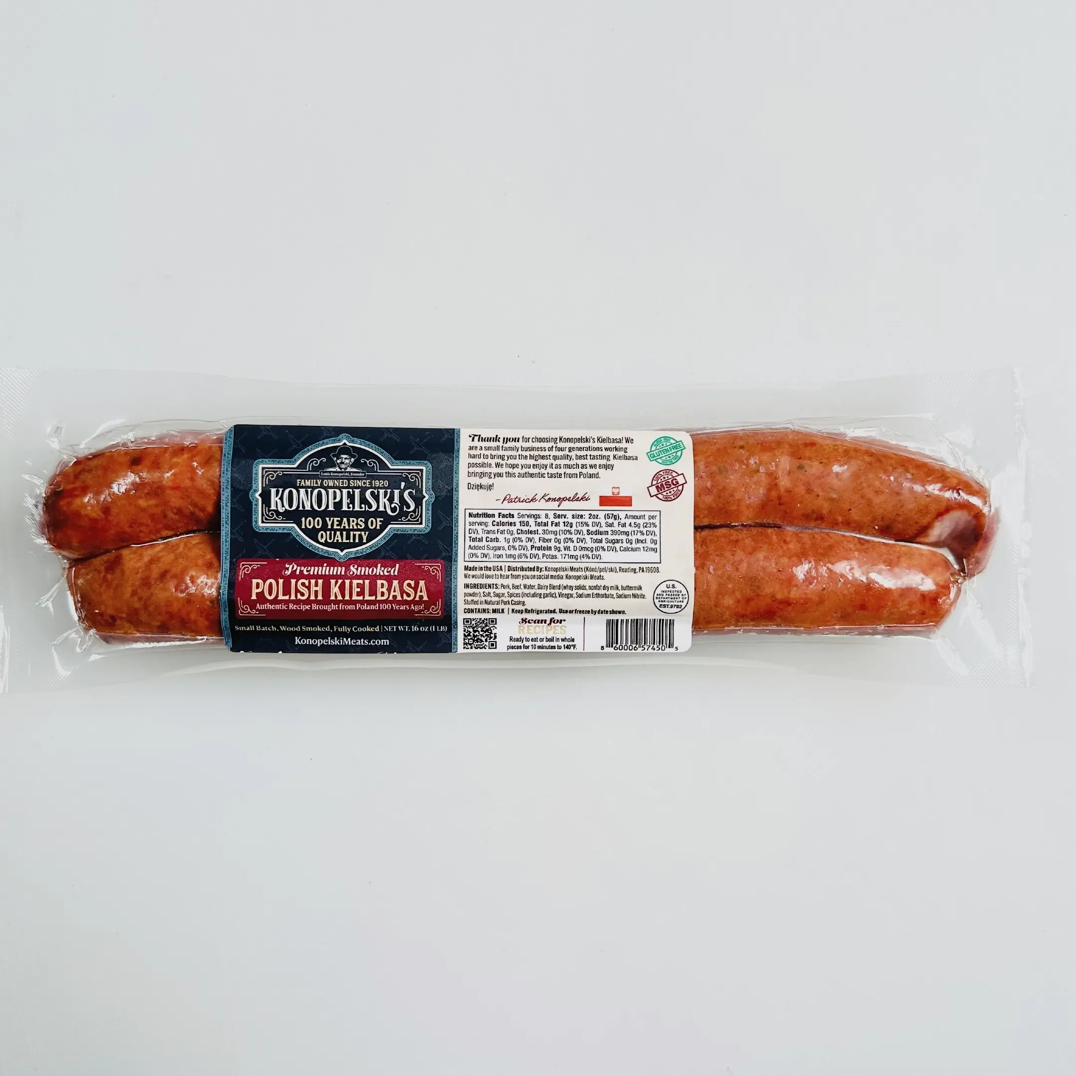 Kielbasa Original - Polish Sausage - Garlic Flavor - Authentic Recipe from Poland, Featuring Natural Wood Fired Smoke from Family Owned 100-Years