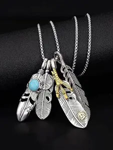 Vintage Feather Design Pendant Necklace, Punk Style Turquoise Texture Decor Necklace for Men & Women, Fashion Jewelry for Party, Daily Decor, Trendy All-match & Exquisite Jewelry for Birthday Gift, Fashionable Jewelry, Casual Trendy Jewelry