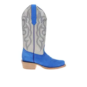 R. Watson Boots Womens Boar Narrow Embroidered Square Toe  Casual Boots Mid Calf Low Heel 1-2" - Blue