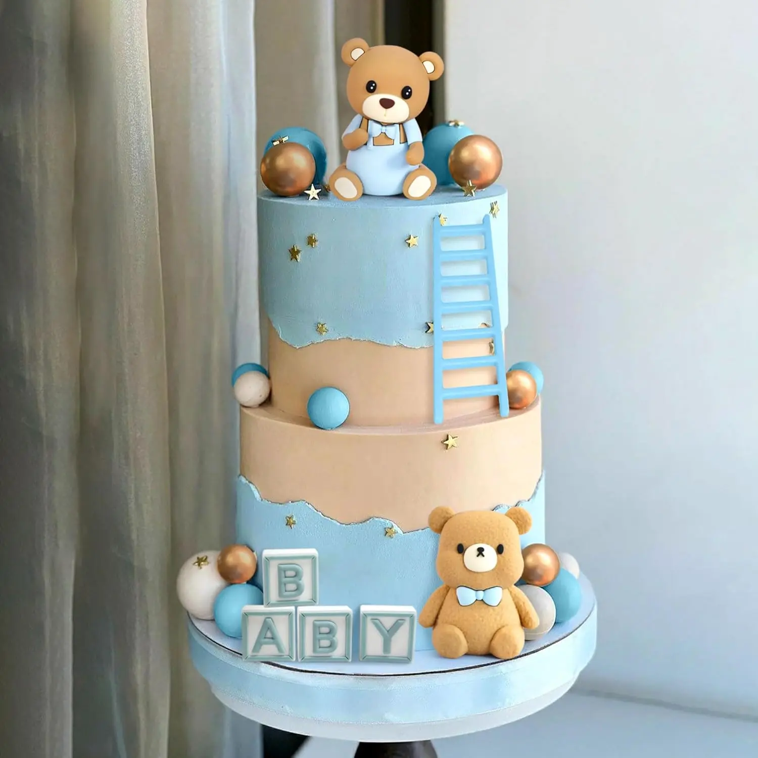 Bear Theme Gender Baby Shower Cake Topper Set, Blue Baby Shower Decor Ornaments, Party Supplies for Newborn Boy Celebrations (We Can Barely Wait Cake Decor Kit) Cake Balls Baby Cake Set