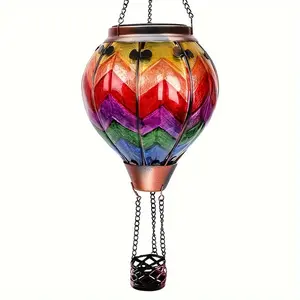 [Solar Flame Flickering Lantern] Multicolored Glass Hot Air Balloon Solar Lantern - Flame Flickering LED Solar Hanging Light for Outdoor Patio, Garden Party and Holiday Decor - Classic Oval Glass Lantern for Festive Occasions - Solar-Powere