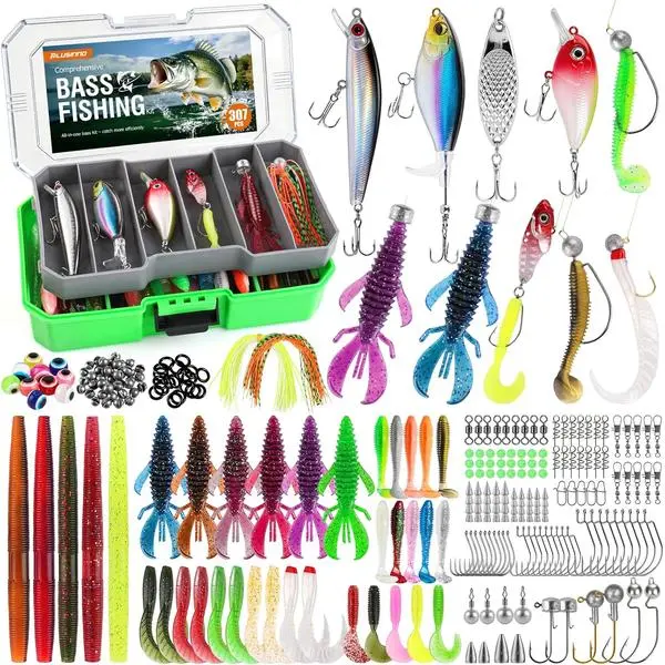 Bass Fishing Lures - Pro Tackle Box Kit for All Water, 307 pcs | Largemouth Smallmouth Bass Fishing Kit, Freshwater, Lake, 6 Pre-rigged Rigs for Ready to Use, Beginners Fishing Tackle