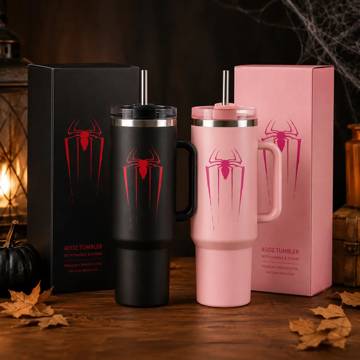 OceanSip4U Spidey Couple 40oz Tumbler Set with Handle & Straw, Black & Pink Stainless Steel Double Wall Insulated Travel Mug, Matching His and Hers Spidey Cups, Couple Gift