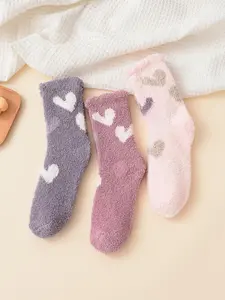 Women's Heart Print Fuzzy Socks, Cute Warm Comfy Crew Socks, Fluffy Mid-calf Socks for Fall & Winter, Cold Weather Gear, Comfort Women Floor Socks, Cute Textured Socks