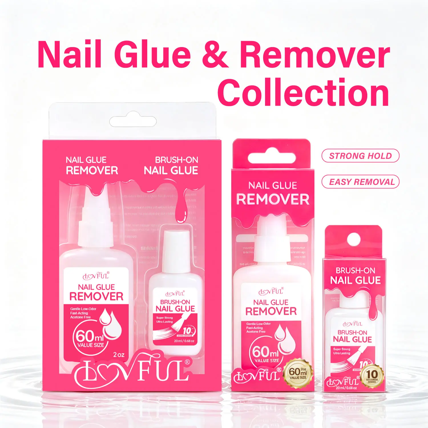 Lovful Press On Nail Glue & Remover Kit, 20ML Brush-On Glue, 60ML Nail Remover, Strong Hold & Easy Removal #SohoChic