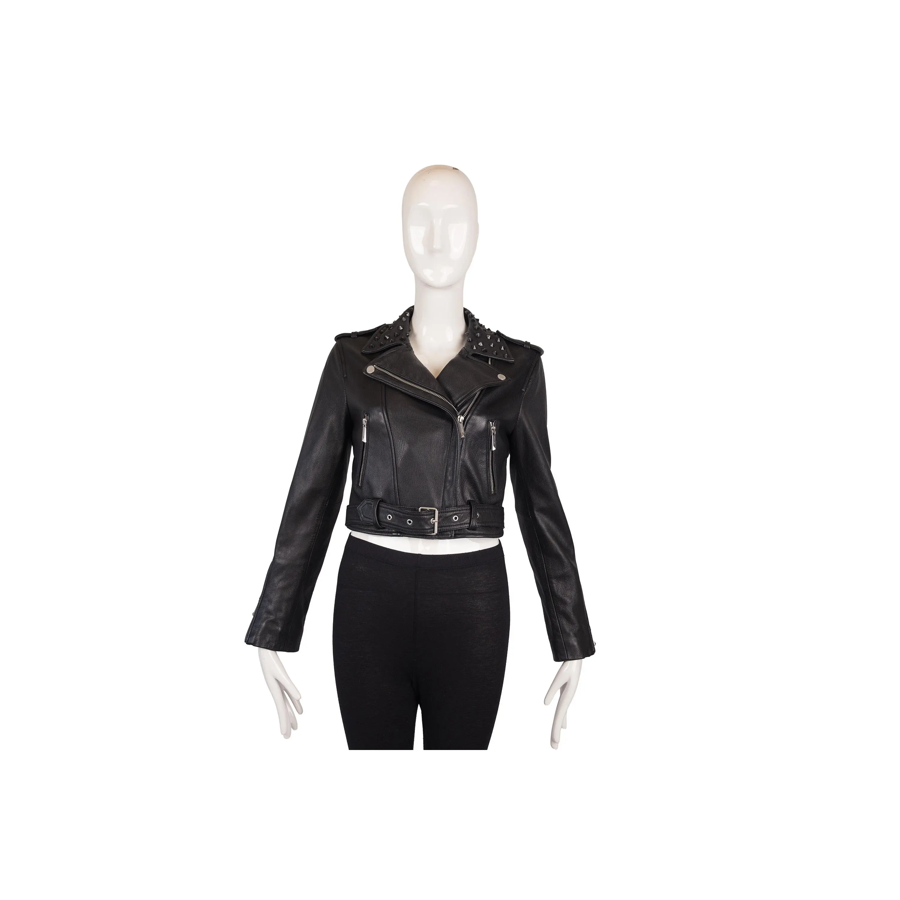 BCBG Max Azria Black Leather Studded Biker Jacket Size XS