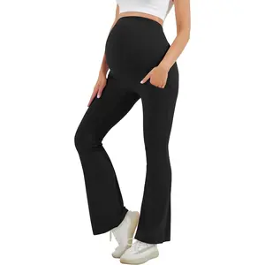 Women's Maternity Flare Leggings Over The Belly - Casual Pregnancy Yoga Pants with Pockets Buttery Soft