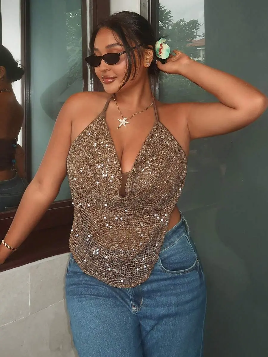 Curvera x [FS] Firerie Plus Size Women's Sexy Beach Vacation Solid Color Sequin Halter Cropped Top