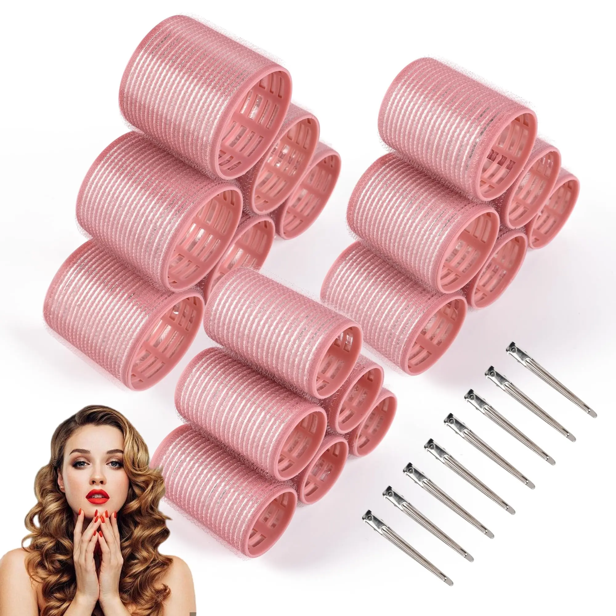 Women's 26-Piece Ceramic Thermal Hair Rollers Set with Self-Grip Clips, 18+8 Stainless Steel Pink Curlers for Blowout Look (Blow Dryer Compatible, Lightweight, Haircare Tool with Comb & Storage Solution), Short Hair Rollers, Easy Curls