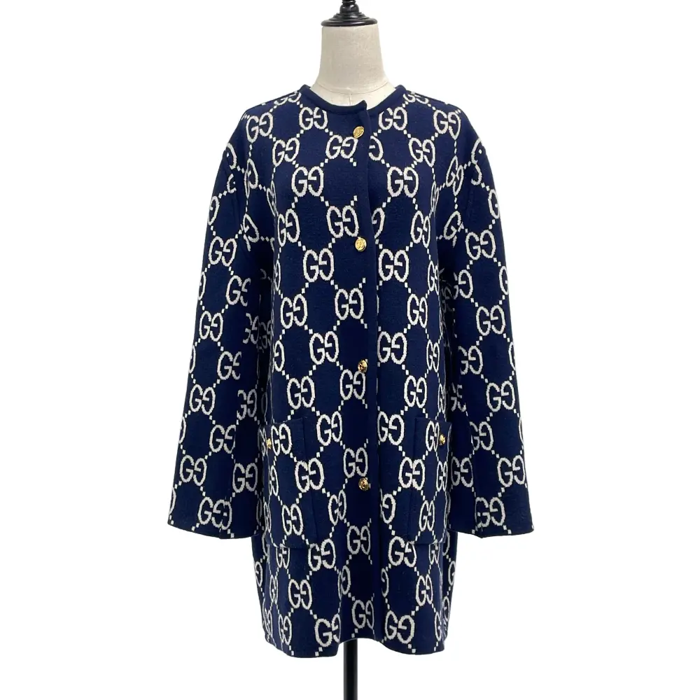 Pre-owned GUCCI Wool Small Leather Goods GG Jacquard Cardigan