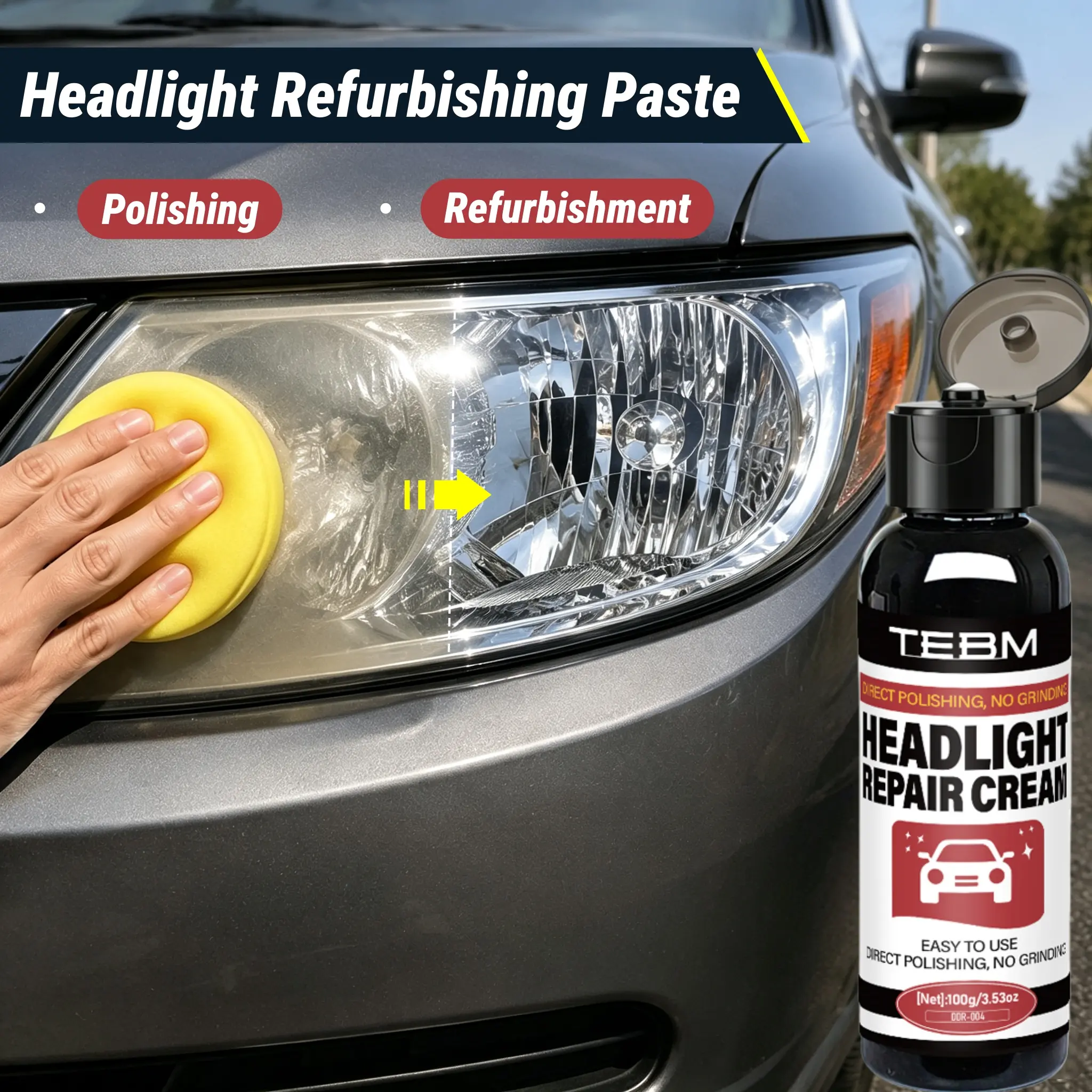 TEBM Professional Headlight Restoration Kit with Cream - Sanding-Free No-Disassembly Headlight Repair Cream for Rapid Oxidation Removal Clarity Enhancement - Detergent Polishing Set Compatible with Sedans SUVs Trucks RVs Motorcycles