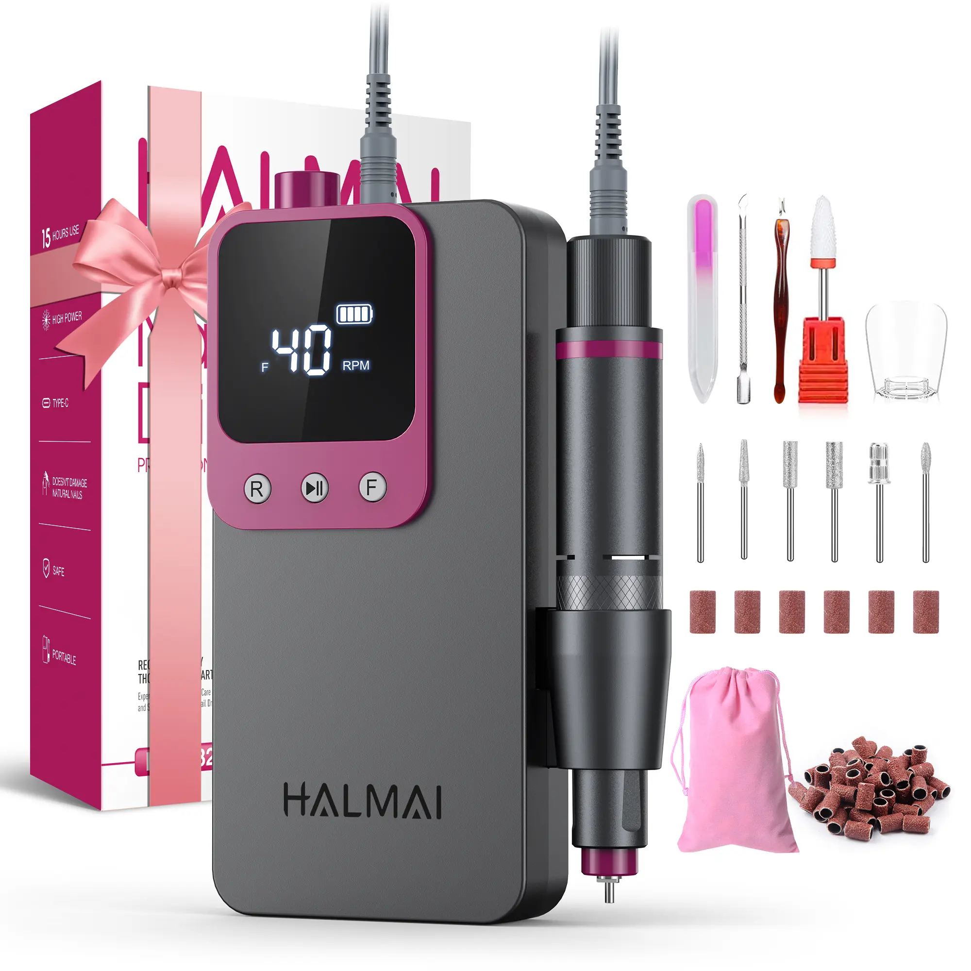 HALMAI Ultra Power Nail Drill: Professional Cordless Electric File for Acrylic & Gel Nails, Ultra-Powerful Motor Engineered by HALMAI, Vibration-Free for Superior Natural Nail Care, 10-Second Gel Removal, Dark Grey