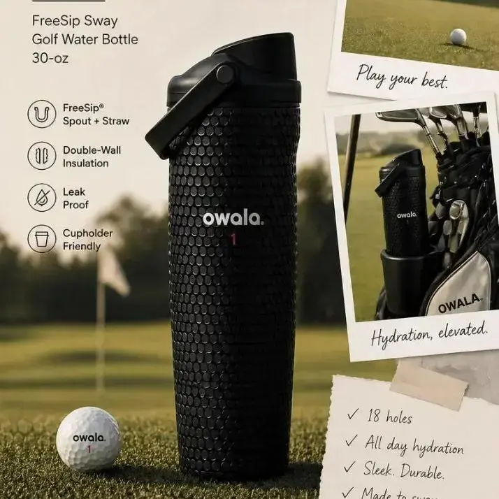 Owala FreeSip Sway Golf Water Bottle 30oz, Black Golf Ball Texture Insulated Stainless Steel Leakproof Sports Travel Bottle