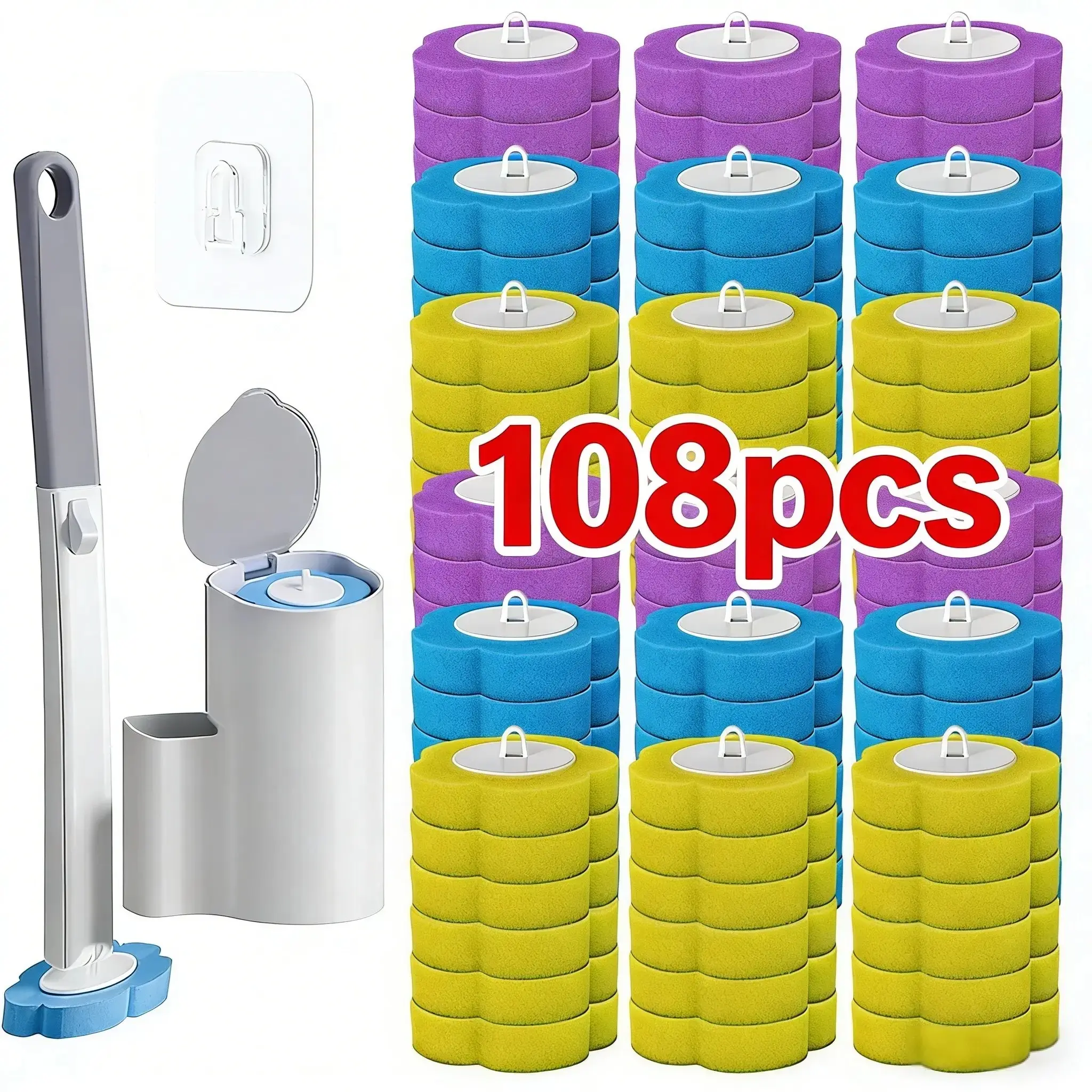Disposable Toilet Brush Set for Bathroom Cleaning Enthusiasts, 1pc Toilet Brush + 108 Replacement Heads, ABS Plastic Base, Wall-Mounted or Floor-Mount Design, Easy Setup (All-Inclusive Set)