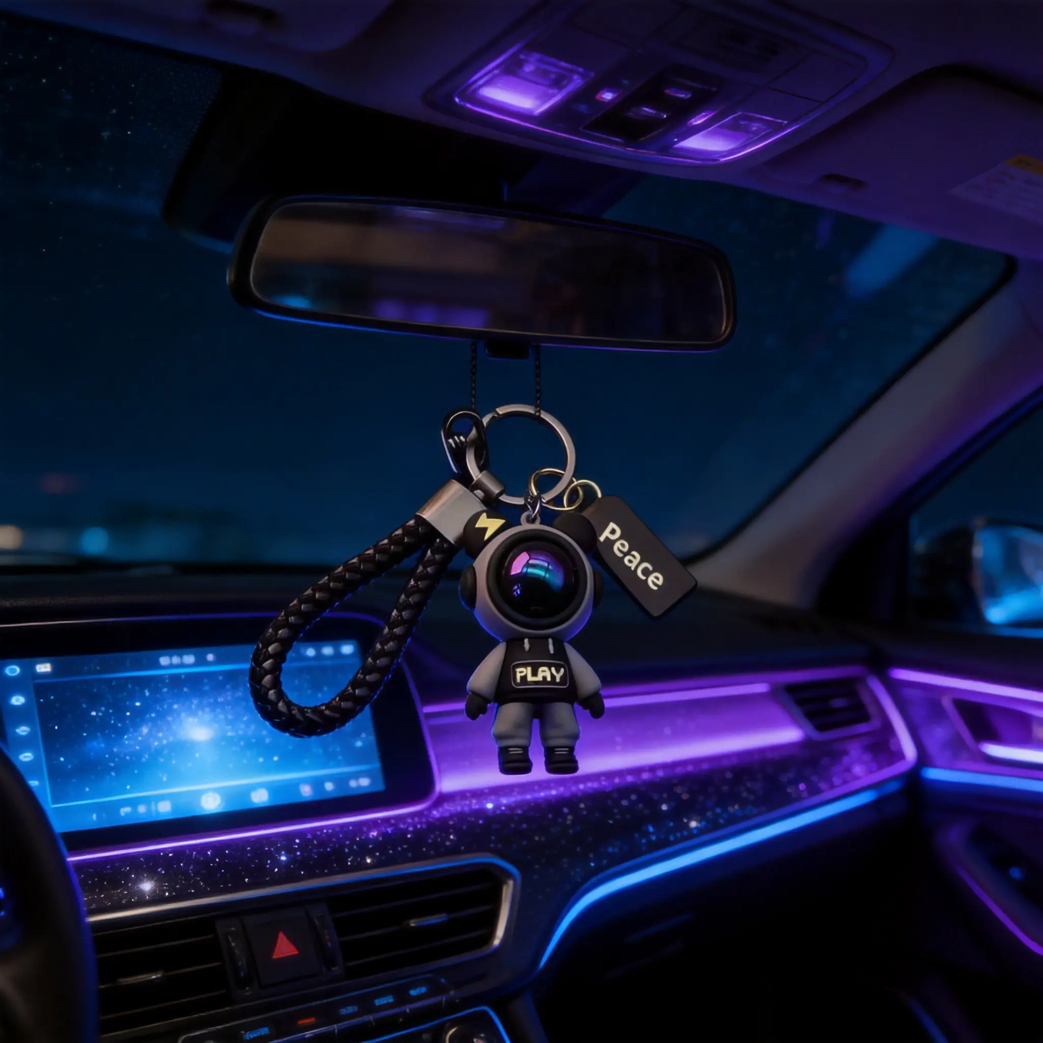 Dingya Cyberpunk Astronaut Car Mirror Hanging Accessory, Hypebeast Bear Vehicle Charm with Braided Lanyard, Lucky Tag Auto Interior Decor Pendant, Trendy Gymbal Ornament Gift for Men & Women Drivers
