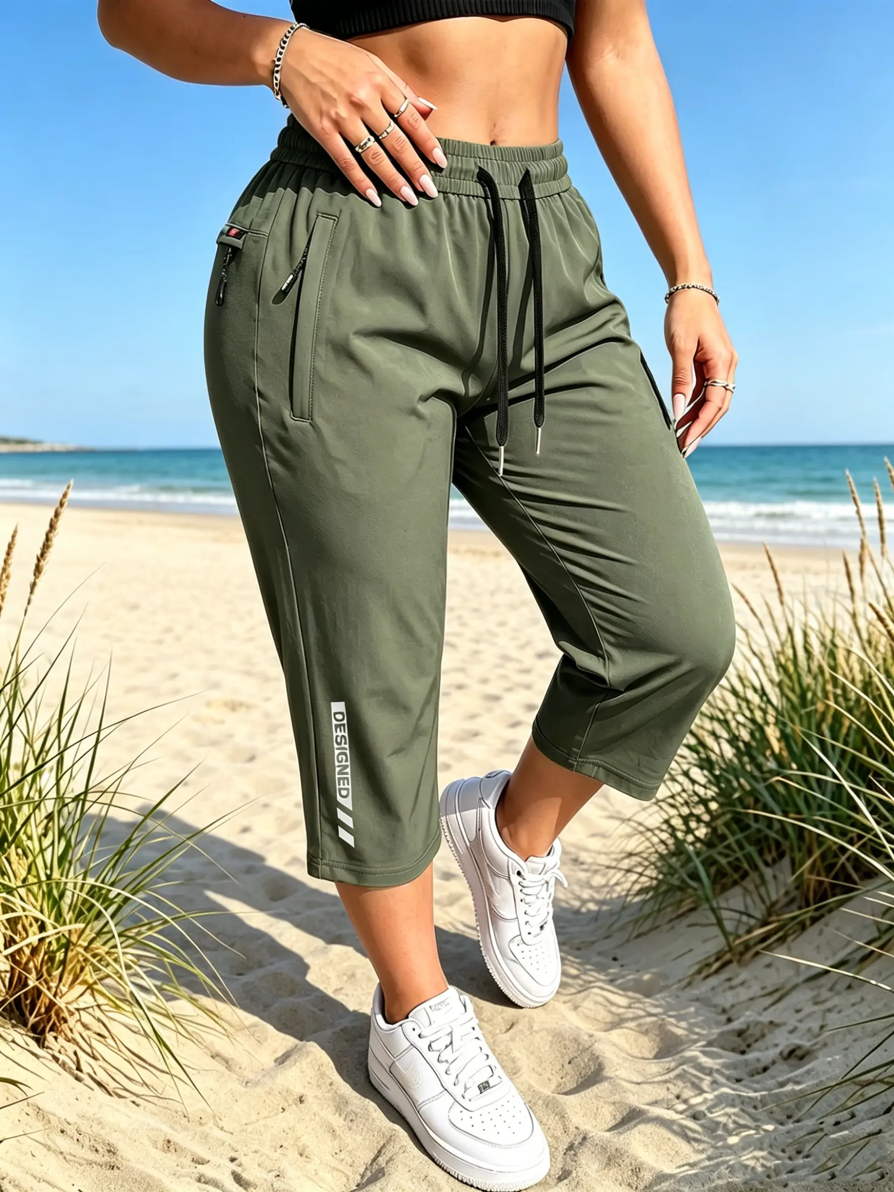 High-Stretch Ice Silk Capri Pants for Women Quick-Dry Lightweight 7/8 Jogger Pants with 3 Zipper Pockets, Elastic Waist Athletic Casual Trousers for Running, Gym & Everyday Wear Womenswear # rhinestone pants