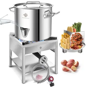 Stainless Steel Steamer Pot with Propane Burner for Outdoor Cooking - Large Pot with Water Spout, Divider and Steamer Rack (52QT)