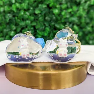 Cloud Bunny Liquid Keychain, Cute Rabbit Key Chain Ring Accessory, Kawaii Duck Shaker Bag Charm, Blushing Animal Fidget Anxiety Toy, Purple cute keychain