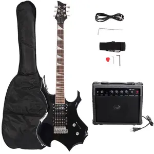 Flame Shaped Electric Guitar Kit with 20W Amp, HSH Pickup, 5-Way Switch, Tremolo Bridge, Bag Strap Picks Cable Tools for Beginner & Pro, Black