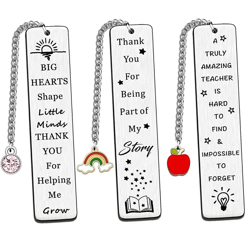 Teacher Appreciation Metal Bookmark, Stainless Steel Engraved Thank You Quote Page Marker, Cute Apple Rainbow Crystal Charm Book Mark, Meaningful Teacher Gift For End Of Term Graduation Back To School Holiday