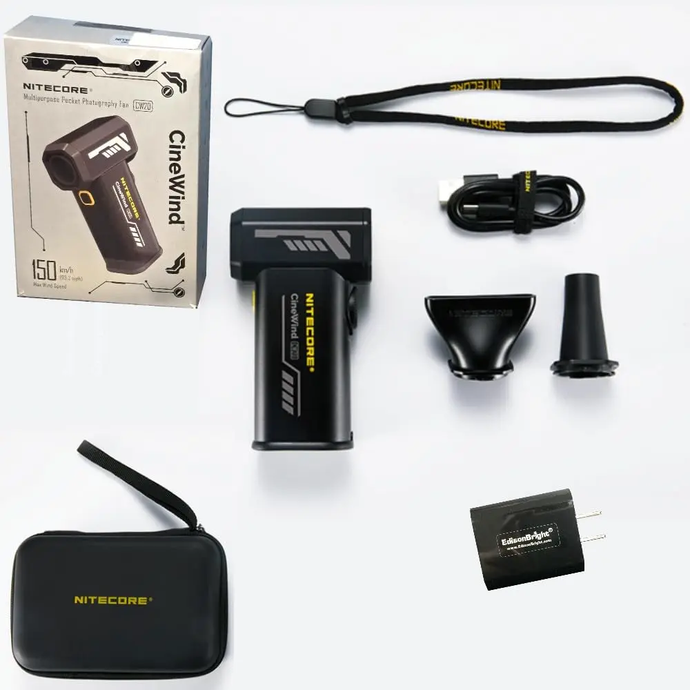 Nitecore Cinewind CW20 Pocket Photography Fan/blower with Tripod Mount, Rechargeable, Flat/Round Nozzles, Storage Case and EdisonBright charging adapter